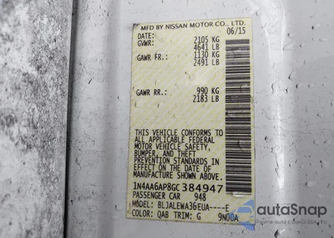 2016 Nissan Maxima 3.5 Sl z USA, uszkodzony, nr VIN 1N4AA6AP8GC384947